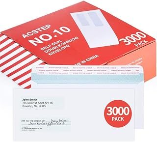 ACSTEP #10 3000 Pack Double Window Envelopes Self Seal Security Envelopes For Business, Quickbooks Check With Self Sealing...