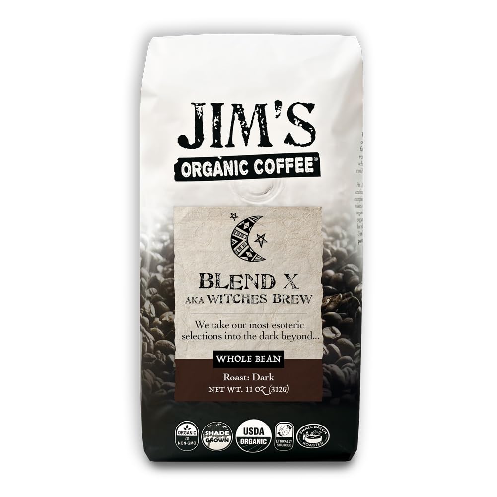 Jim’s Organic Coffee – Blend X AKA Witches Brew: Whole Bean Very Dark Roast (11oz) -100% Arabica Coffee Beans - USDA Certified Organic – Kosher – Regeneratively Grown - Ethically Sourced