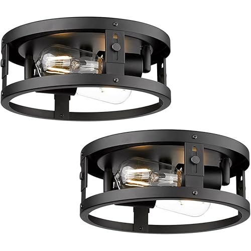 2 Pack Industrial Flush Mount Ceiling Light, 2-Light Black Metal Cage Ceiling Light Fixtures, Farmhouse Adjustable Ceiling Light for Hallway Kitchen Bedroom Entryway