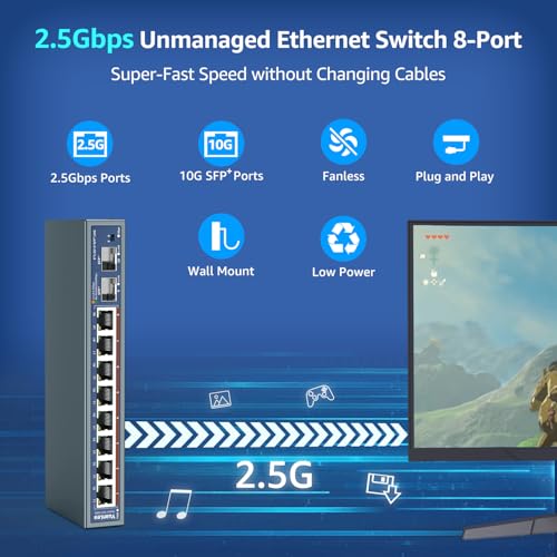Image of 10 Port 2.5G Unmanaged Ethernet Switch, 8 x 2.5G Base-T Ports, 2 x 10G SFP, Compatible with 100 /1000 /2500Mbps, VLAN, Fanless, Desktop /Wall Mount YuanLey 2.5Gbe Network Switch for Wireless AP, NAS, PC