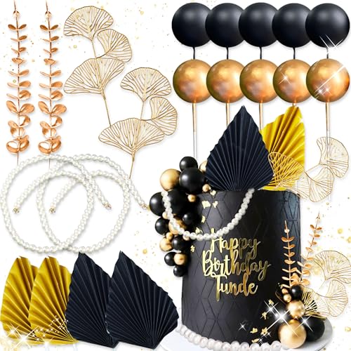Décoration de gâteau boules noires et dorées pour fête du Nouvel An et soirée chic