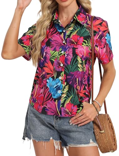 SUIVRE Hawaiian Shirts for Women:Aloha Shirt Summer Beach Button Up Floral Blouses Short Sleeve Hawaii Tropical Outfits Tops(Purple,M)