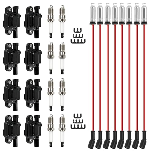 Htostar Racing 8 Pack UF413 Square Ignition Coils Set 41-962 Platinum Spark Plugs M8-48322R 8mm Spark Plug Wires Compatible with Chevy Silverado Cadillac Escalade Buick GMC Sierra Replace for D510C