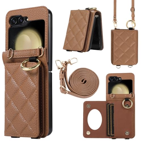 Étui Samsung Z Flip 3 4 5 en cuir marron avec miroir et anneau