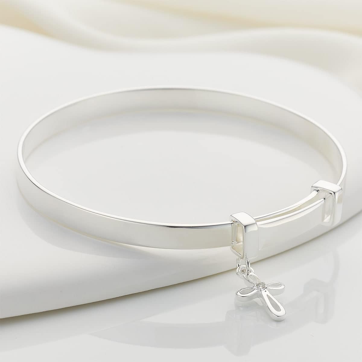 Molly B London 925 Sterling Silver Cherish Diamond Cross Baby Bangle, Genuine 1pt Diamond; Baptism, New Baby, Christening or First Birthday Keepsake Gift