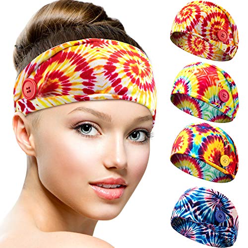 4 Pieces African Turban Headband with Buttons for Women, Boho Print Elastic Yoga Hairband Workout Headwraps Hair Accessories for Teens Girls (Novelty Patterns)