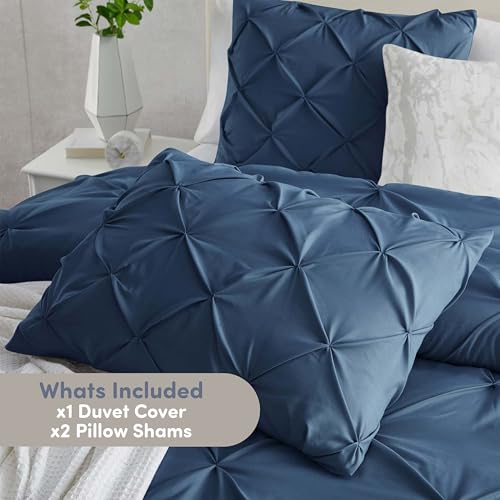 Image of Nestl Navy Blue Duvet Cover King Size - Soft Double Brushed Duvet Set with Button Closure & Corner Ties, 3 Piece Luxurious Pinch Pleated Duvet Cover Set 104x90 Inches with 2 Pillow Shams