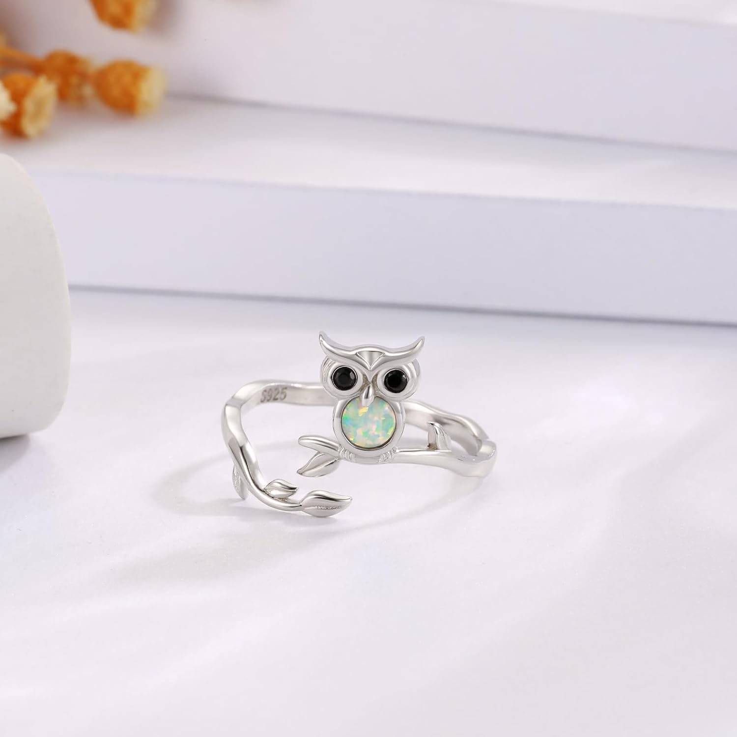 925 Sterling Silver Animal Ring - Adjustable Open Owl Axolotl Rings with Heart Cubic Zirconia Opal Cute Animals Jewelry Gifts for Women