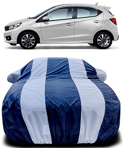 Image of PURPLEHEART Car Body Cover Compatible with Honda Brio Mirror Pocket Triple Stitched Bottom Elastic Water Resistant UV Protection & Dustproof Car Cover-Blue & White