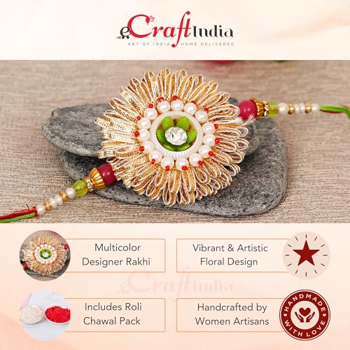 Image of eCraftIndia Pearl Designer Rakhi for Brother with Best Bro Ever Fridge Magnet and Roli Chawal Pack