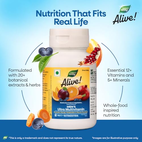 Image of Nature's Way Alive Men's Ultra Multivitamin - Daily Supportive Nutrition from 32+ Fruits & Veggies | 8 Key Minerals | 17+ Vitamins | Immunity & Metabolism Support | Digestive Enzymes | 100% RDA of 17+ Vitamins & Minerals 60 Veg tablets