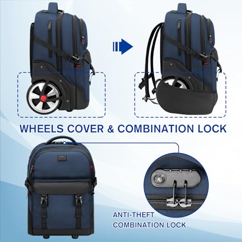 MATEIN Rolling Backpack with Wheels, 17 Inch Large Roller Backpack with Combination Lock, Water Resistant Anti Theft Travel Wheeled Backpacks Laptop Back Pack for Men Women Work Business Commute, Blue - Image 4