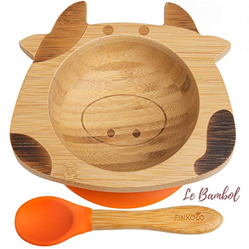 Bol Ventouse pour Bébé et Cuillère en Bambou Naturel | L'Original 'Bambol' par Finkolo | Forme Vache | Vaisselle Apprentissage | Coffret Repas Assiette