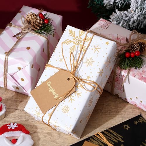 Geschenkpapier Weihnachten 4 Rollen Set, Gold geschenkpapier rolle, Weihnachtsgeschenkpapier Christmas Geschenkfolie Weihnachtspapier Xmas Wrapping Paper Mit Aufkleber Tags Papierseilen 43 * 300cm