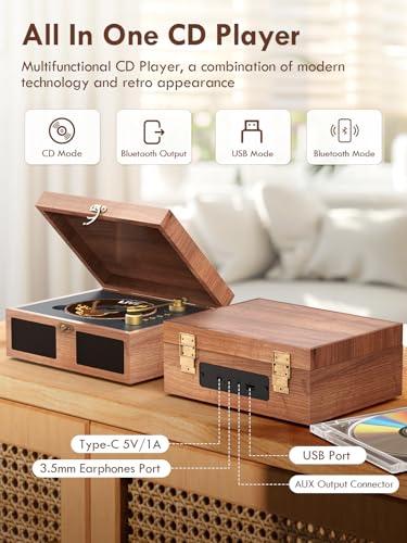 Image of CD Player with Built-in Speakers Portable with Bluetooth Input&Output Nostalgic Desktop CD Players for Home Music Box Player with Stereo Sound Remote Control Brown