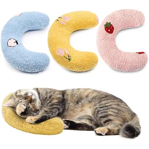 ucho Pillow for Cats, Ultra Soft Fluffy Pet Calming Toy Half Donut Cuddler, U-Shaped Pillow for Pet Cervical Protection Sleeping Improve (Yellow-Pink-Blue) Cover