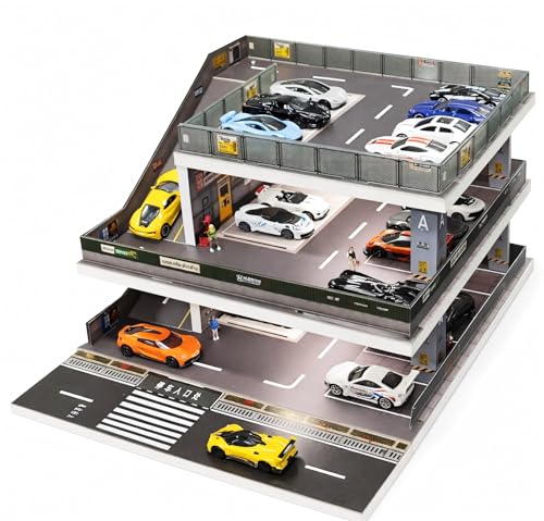 Display Case for Hot Wheels: Toy Car Garage Diorama with LED Lights Freestanding 3-Level City Parking Lot Scene with Ramps for 1/64 Diecast Cars Storage Display Stand Holds Up to 50+ Cars