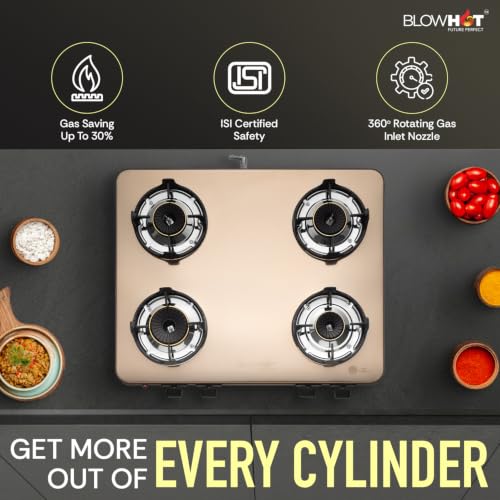Image of BLOWHOT Crystal 4B Gas Stove | Stainless Steel Top | Push Button Auto Ignition Gas Stove Powered by Battery | Warranty - 2 Year on Product | 5 Years on Burner and Gas Valves