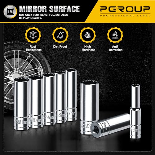 Image of 1 /4 Inch Drive Socket Set - 8 Piece Metric 12-Point Deep Socket Set (6mm, 7mm, 8mm, 9mm, 10mm, 11mm, 12mm, 13mm)- Chrome Vanadium Steel with Sturdy Holder - 50BV30