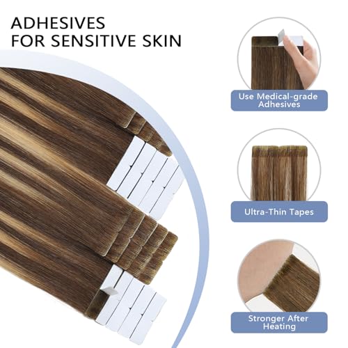 Image of COOKAYU Invisible Tape in Extensions Human Hair, Medium Brown to Caramel Blonde 20Inch 45g 20pcs Injected Tape in Human Hair Straight Invisi Edge Extension