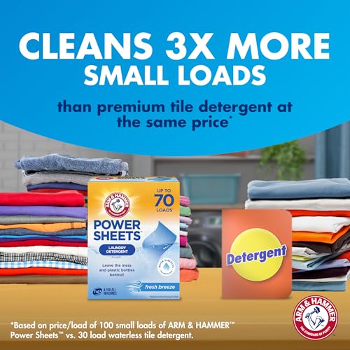 Image of ARM & HAMMER Power Sheets Laundry Detergent, Fresh Breeze Scent, Dissolves in All Wash Temps, Lightweight and Travel-Ready, 60ct, Up to 120 Small Loads
