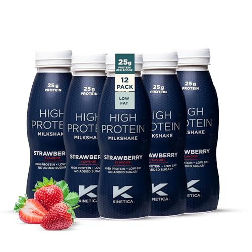 Kinetica Sports Ready-to-Drink High Protein Milkshake - Strawberry Flavour | 25g Protein/Bottle, 12 X 330ml Pack | High Protein, Low Fat & No Added Sugar |Convenient, high protein option for on-the-go