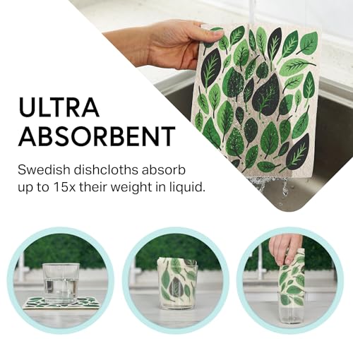Image of Swedish Wholesale Dishcloths Reusable 8 inch x 7 inch Sponge Cloths, Bulk 10 Pack of High Absorbent Cellulose Dish & Kitchen Cleaning Hand Towels, Wring to Dry & Machine Wash, Odor Resistant, Leaves