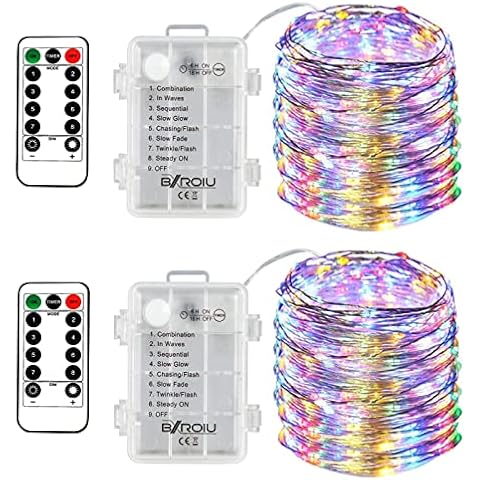 BXROIU 2 x Fairy String Lights Battery Operated, Silver Wire 8 Mode Chains 5 Meters 50 LEDs Firefly String Lights with Remote Control for Bedroom Christmas Party Wedding Decoration (Multicolor1) Cover