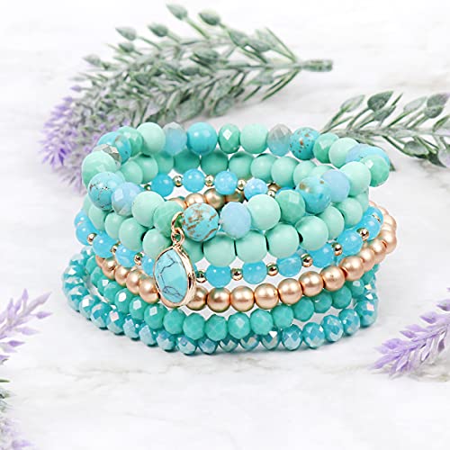 Image of RIAH FASHION Bohemian Multi-Layer Beaded Stacking Statement Bracelets - Versatile Stretch Strand Wood Beads Wrap Slip-on Cuff Bangle Set