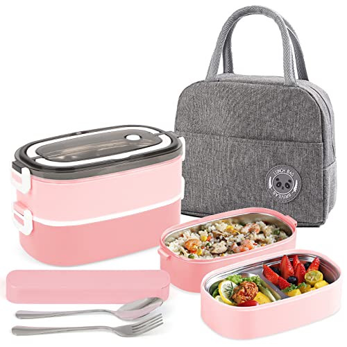 Image of Lunch Box - 2 Tier Bento Box with 3 Compartments & Cutlery