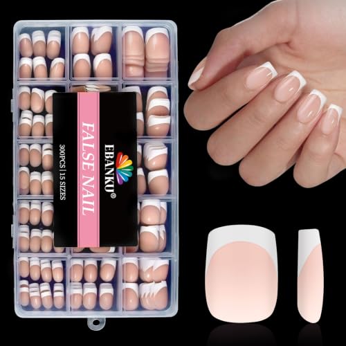 EBANKU 300PCS Paznokci French Press on Nails, Kwadrat Sztuczne Paznokcie