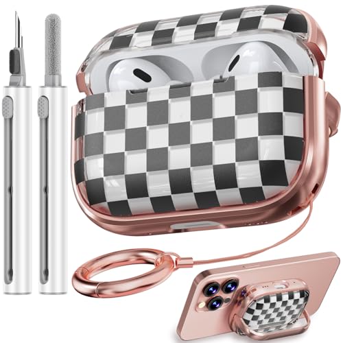 Image of Inesore for AirPods Pro 2nd /1st Case (2023-2019)-Black Checkerboard | with Safty Lock,Two-Piece Design,with Gold Keychain & Clean Pen,Support Wireless Charging,Cute Luxury Case for Women Girly