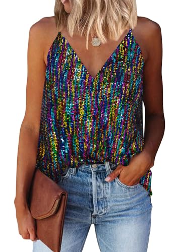 miduo Womens Tanks Tops Casual Sparkle Sequin Tops V Neck Halter Camisole Shirts Sequin Glitter Sleeveless Blouses Tops Tanks Tops Multicolor XL