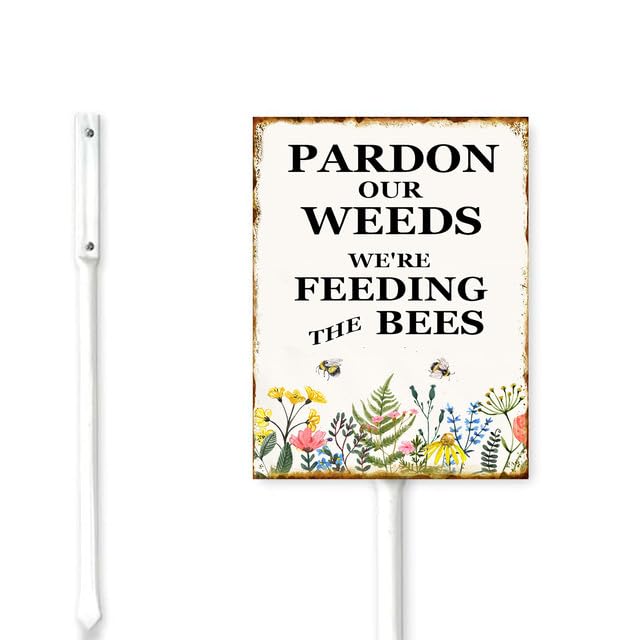 Bidesign (6x4.6) IN Pardon Our Weeds We Are Feeding The Bees Yard Sign With Metal Stake For Garden Farm Decor Save The Bees Pollinator Lawn Sign Stand Tin Wildflowers Outdoor Decorations