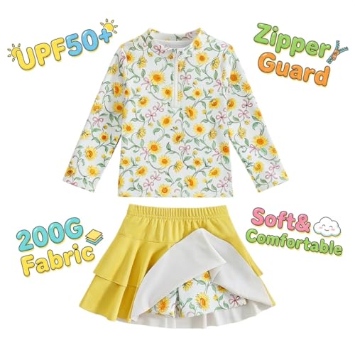 Image of Girls Rash Guard Swimsuit Set UPF 50+ Long Sleeve Two Piece Swimwear Half Zip with Skirt Bottom for Kids 3-10Y