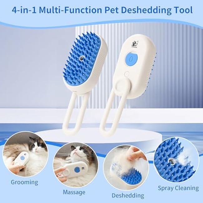 Cat Steam Brush for Shedding,4 in 1 Pet Steam Brush for Cats & Dogs,Deshedding,Massage,Cleaning & Anti-Static All In One,Suitable for Long & Short Haired Pets,Includes Waterless Shampoo,Blue-gdXiuaVV