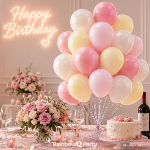 Image of RainbowQ Pink and Yellow Balloons: 67PCS 12 inch Sand White Latex Helium Pastel Balloons Set for Wedding Bridal Shower Birthday Party Decorations