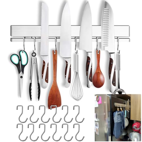 HomeSimplex 17 Inch Magnetic Knife Holder for Refrigerator with 12 Hooks - Double Sided Magnetic Knife Strip for Fridge - Premium Magnetic Knife Bar Rack - 304 Stainless Steel Kitchen Utensil Hanger