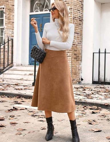 Kate Kasin 2025 Women's Suede Skirts, High Waist A-Line Skirt, Fall Winter Midi Skirt Brown - Thumbnail 7