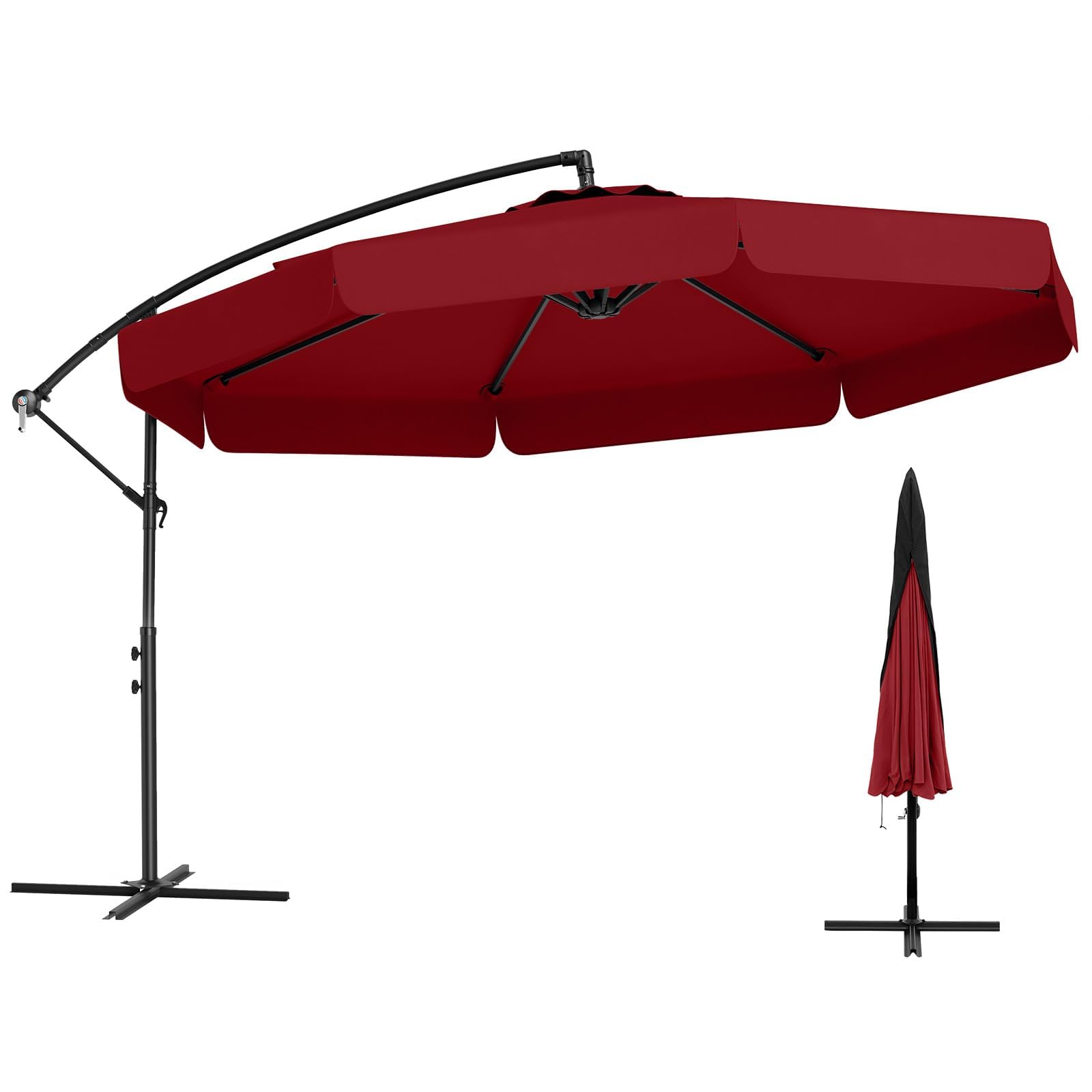 FANTASK Sonnenschirm 300 cm, inkl. Schutzhülle, Ampelschirm mit Kurbel und Volant, Neigungswinkel verstellbar, Gartenschirm, Marktschirm (Rot)