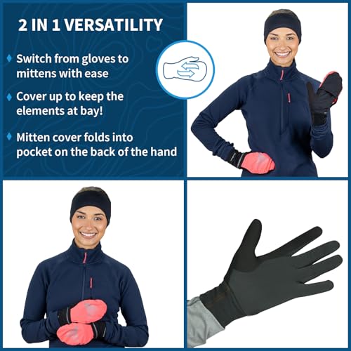 Image of TrailHeads Womens Running Gloves Touchscreen Fingers & Convertible Waterproof Mitten Shell - for Winter, Reflective, Warm