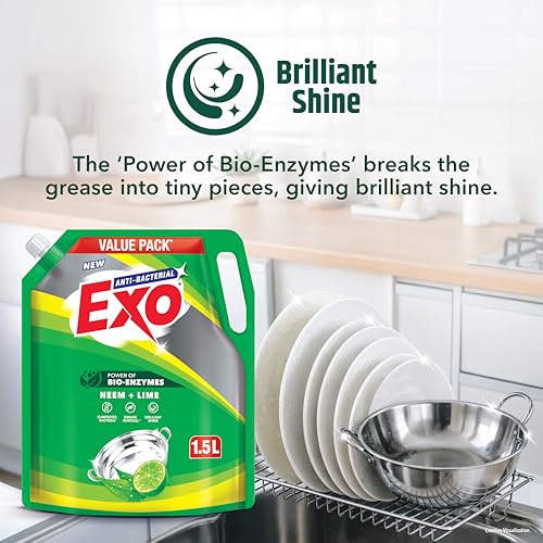 Image of Exo Anti-Bacterial Liquid Dishwash Gel - 1.5L Value Pack | Anti-Bacterial Formula with Neem & Lime for Sparkling Clean Utensils | Powered with Bio Enzymes for Tough Grease Removal & Brilliant Shine