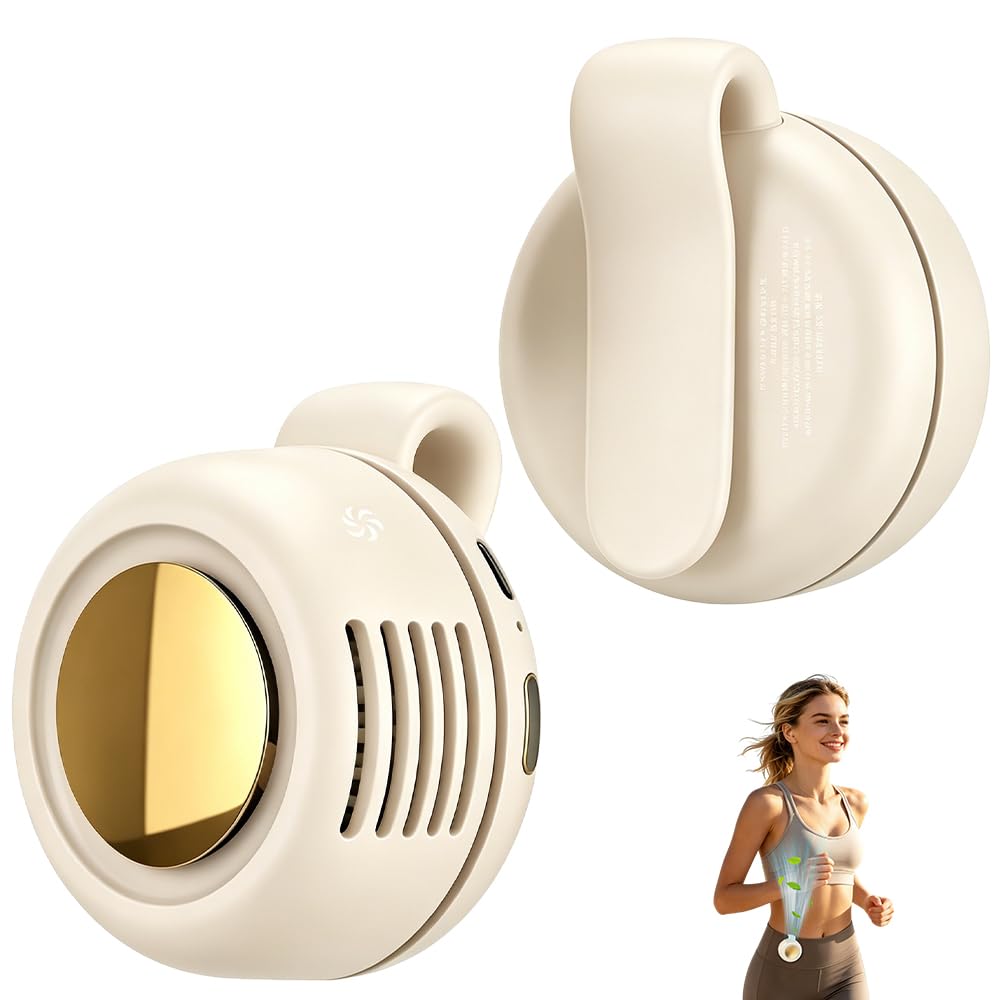 Mbuaopa Portable Silent Mini Bladeless Electric Fan, Clip On Waist & Neck Fan with 3 Speeds, Rechargeable Silent Bladeless Fans for Outdoor Travel Office Hiking Shirt, Beige