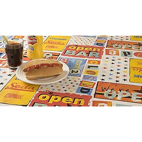 Vintage Retro Cafe Signs Wipe Clean PVC Vinyl Table Cloth - Waterproof, Hygienic and Wipeable by the Metre - Round, Rectangle or Square Table Cloth (140cm Diameter Round) Cover