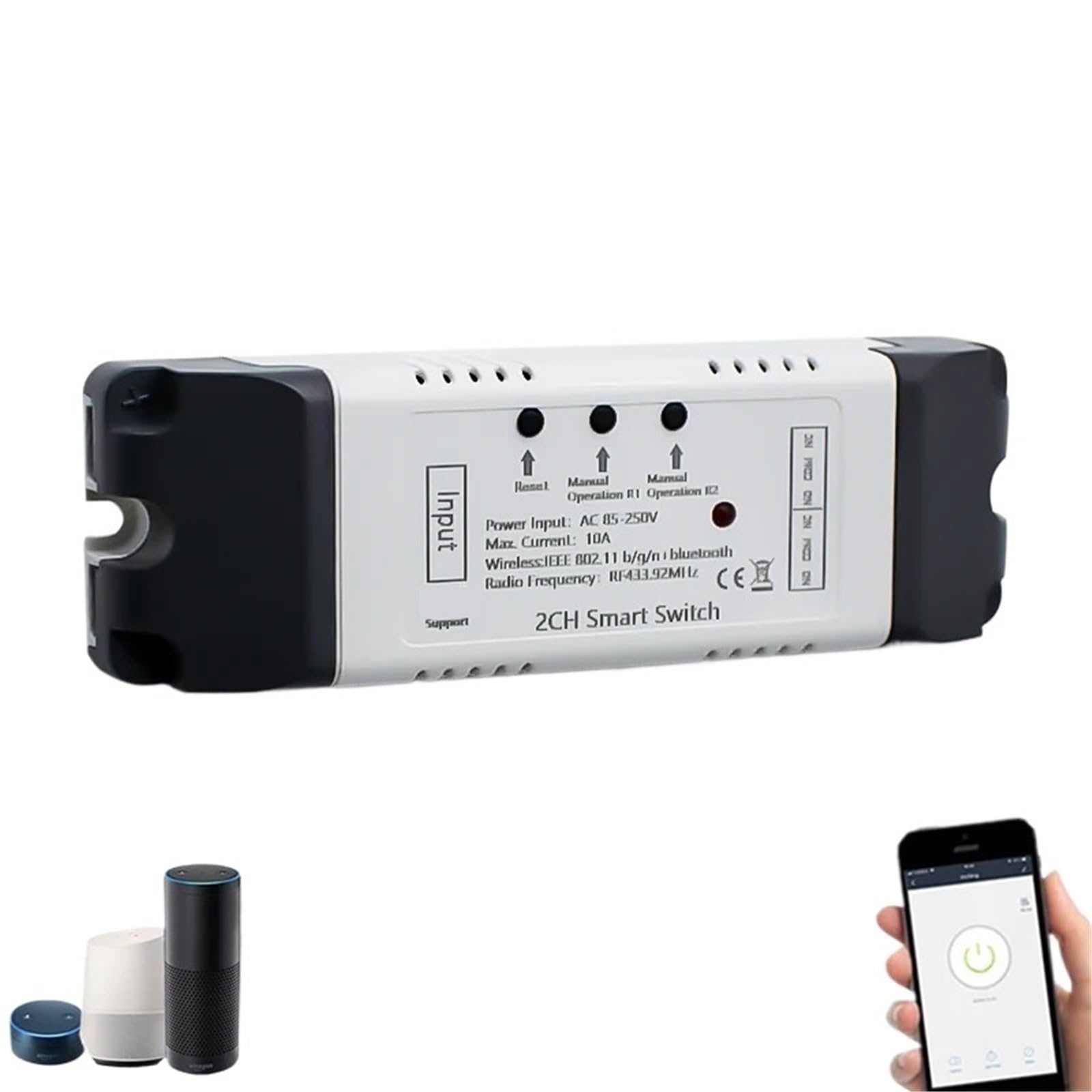 Receptor De Canal 1/2/4 Con WiFi, CA, CC 7-32 V, 85-250 V, 12 V, 24 V Y 220 V, Relé De 10 A Y 16 A For Módulo De Interruptor Inteligente De 1/2/4 Canales, Control Inalámbrico.(2CH 85-250V Shell)