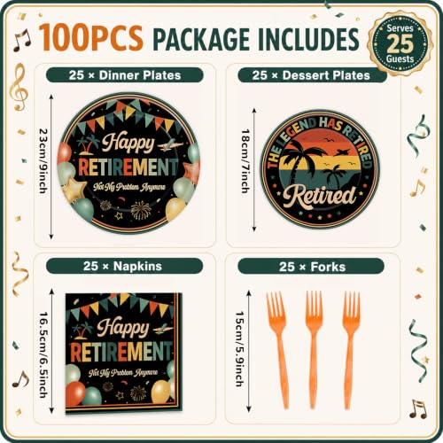 Image of Qyeahkj 100 Pcs Retirement Party Plates and Napkins Set Happy Retired Birthday Party Decorations Supplies Paper Dessert Tableware Vintage Farewell Themed Favors for Birthday Decorations Serves 25