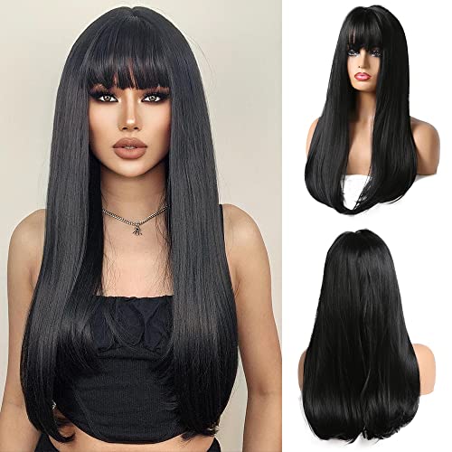 Esmee Long Straight Black Wigs for Women Natuaral Synthetic Layered Hair Brunette Wig with Fringe for Daily Party Cosplay Use-26 Inches
