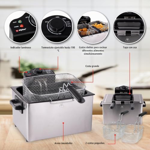 Freidora de aceite Alpina 5L con 3 cestas intercambiables en acero inoxidable 7