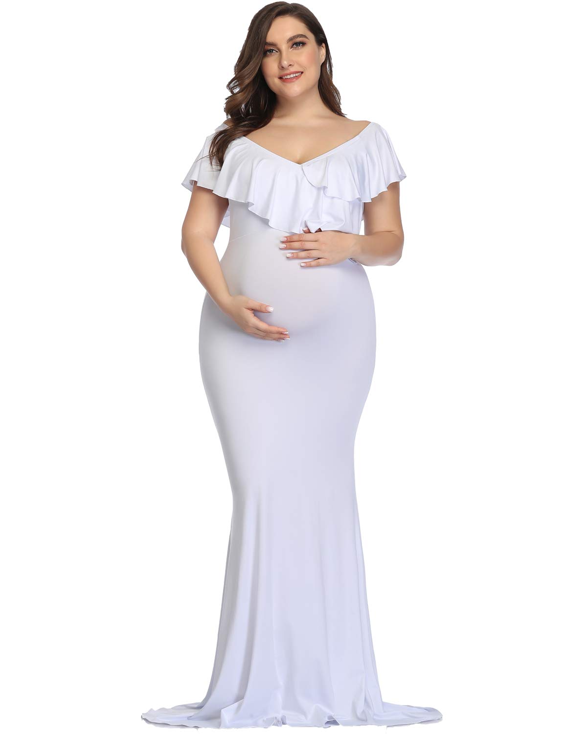 YnimioAOXMaternity Long Dress Ruffles Elegant Maxi Photography Dress Stretchy Slim Gowns for Photoshoot