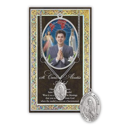 Needzo Saint Carlo Acutis Necklace, Catholic Jewelry, 24 Inch Chain with Biography and Prayer Folder